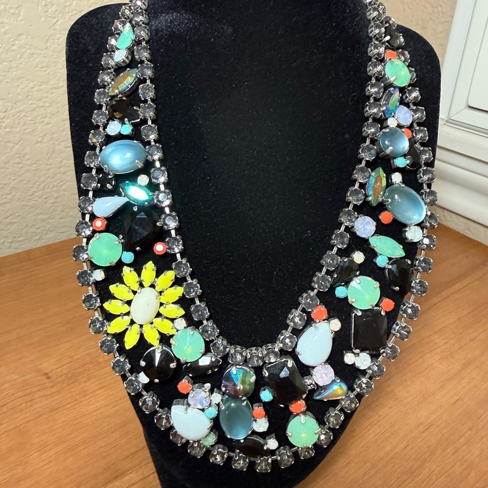 Logo Lavish Links Rhinestone Simulated Gemstone Wide Bib Necklace Multicolor